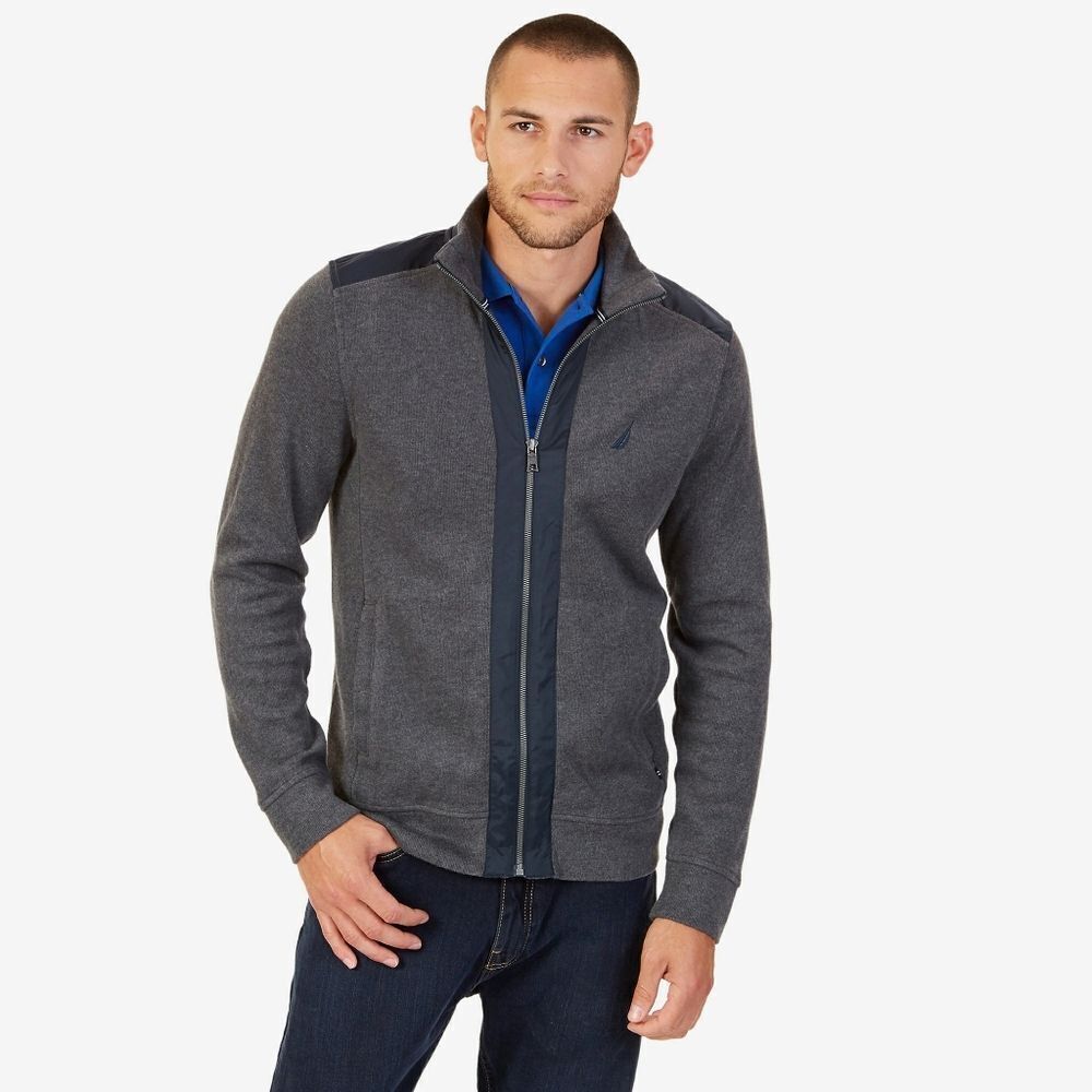 New! NAUTICA Mixed Media Men's Gray Sweater Jacket Full-Zip 100% Cotton XXL 2XL